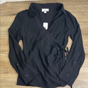 Olia Black Wrap Blouse | Long Sleeve Tie Front | Size Small | NWT